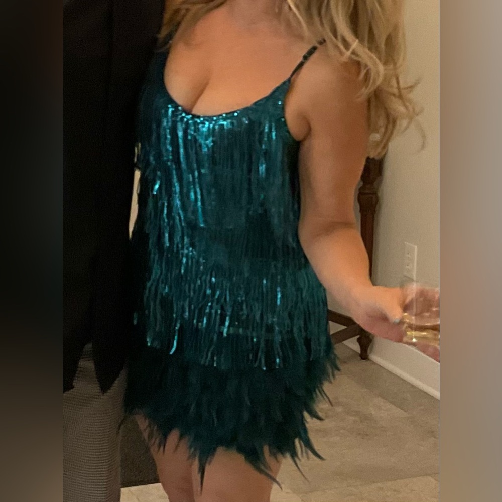 Teal Fringe Mini Dress